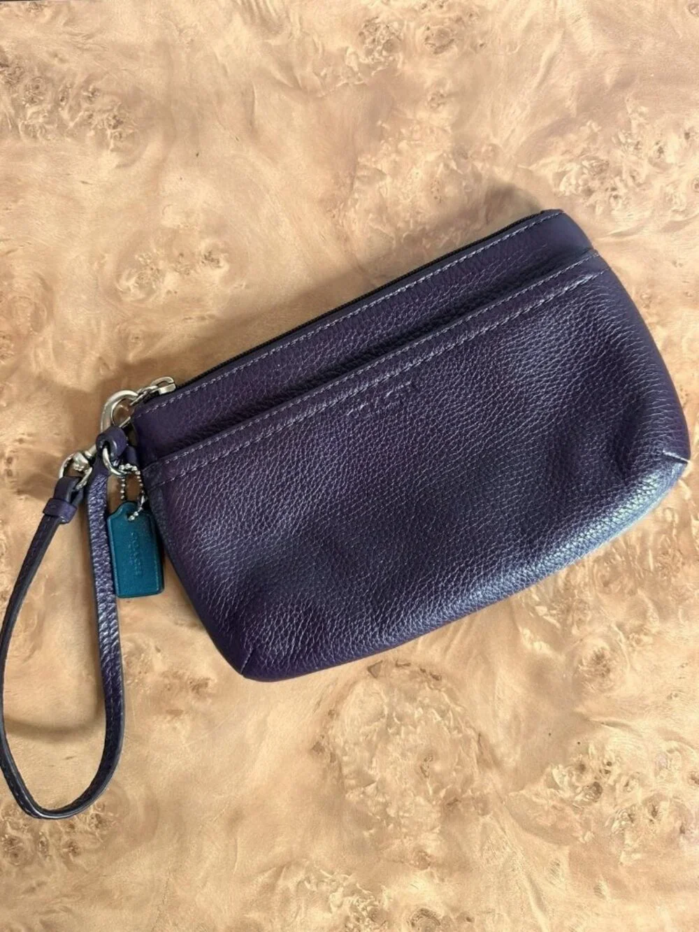 Coach Plum Purple Pebbled Leather Wristlet Pouch Zip Clutch